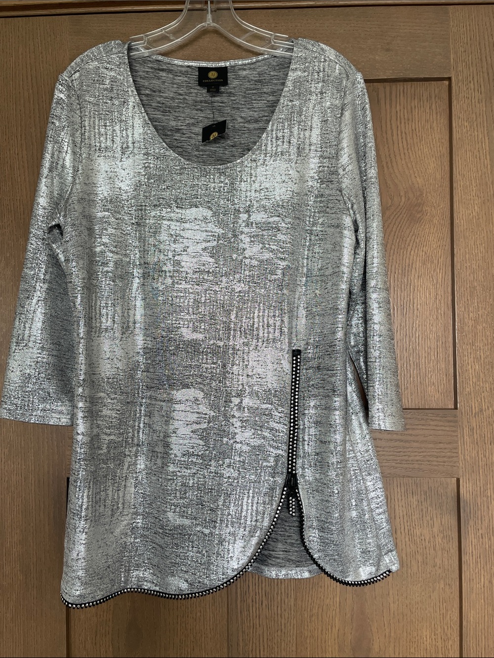 JM Collection Silver Metallic Scoop Neck Tunic with Stud Trim size M